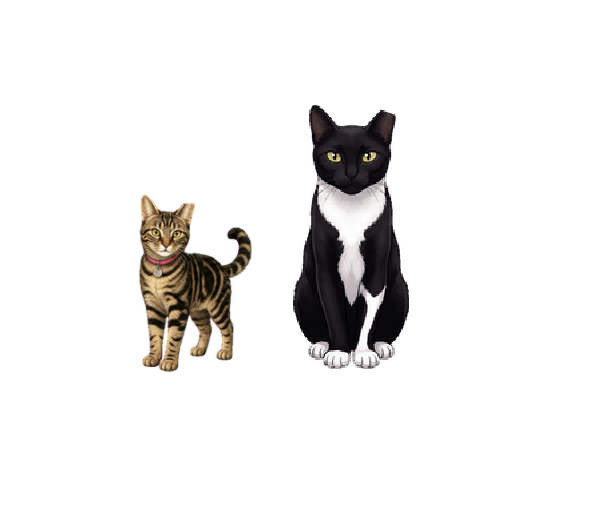 Winnie, a tabby cat, standing beside Ajman, a black-and-white cat