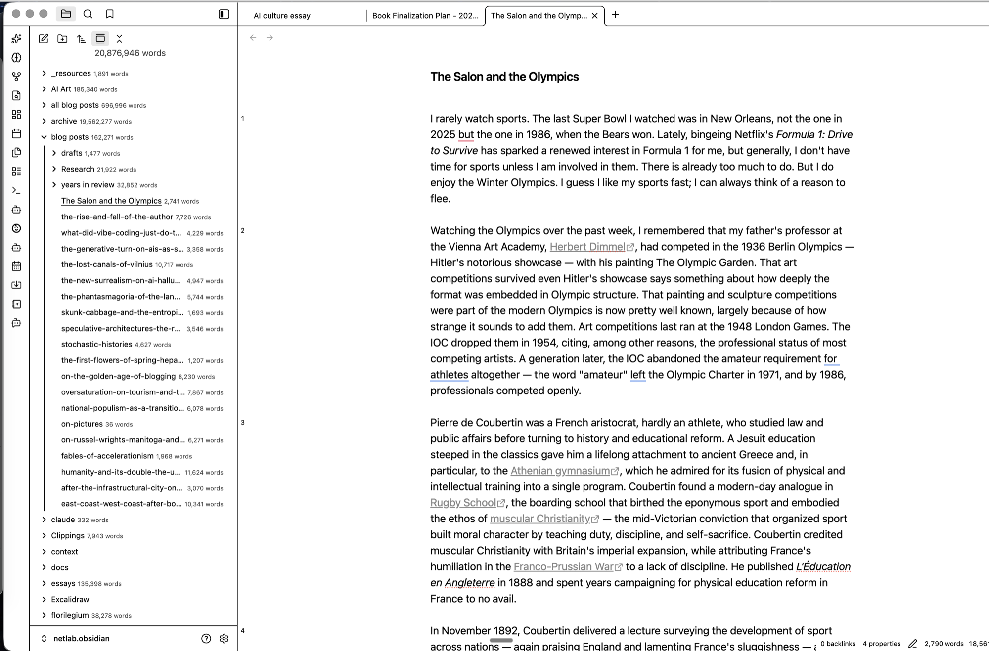 The Obsidian editor showing an essay draft with sequential paragraph numbers running down the left gutter