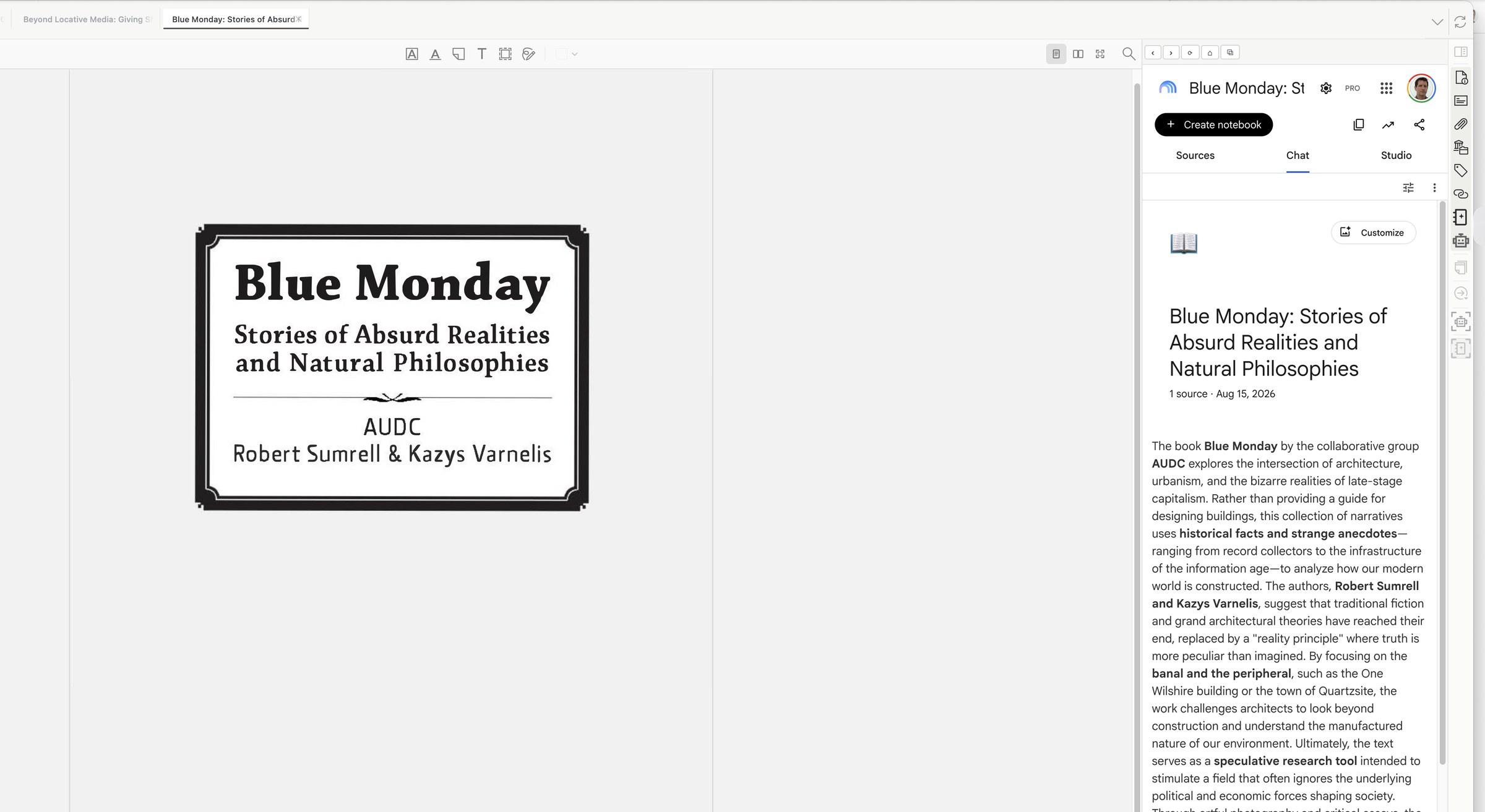Google NotebookLM open in the Zotero item pane beside a book